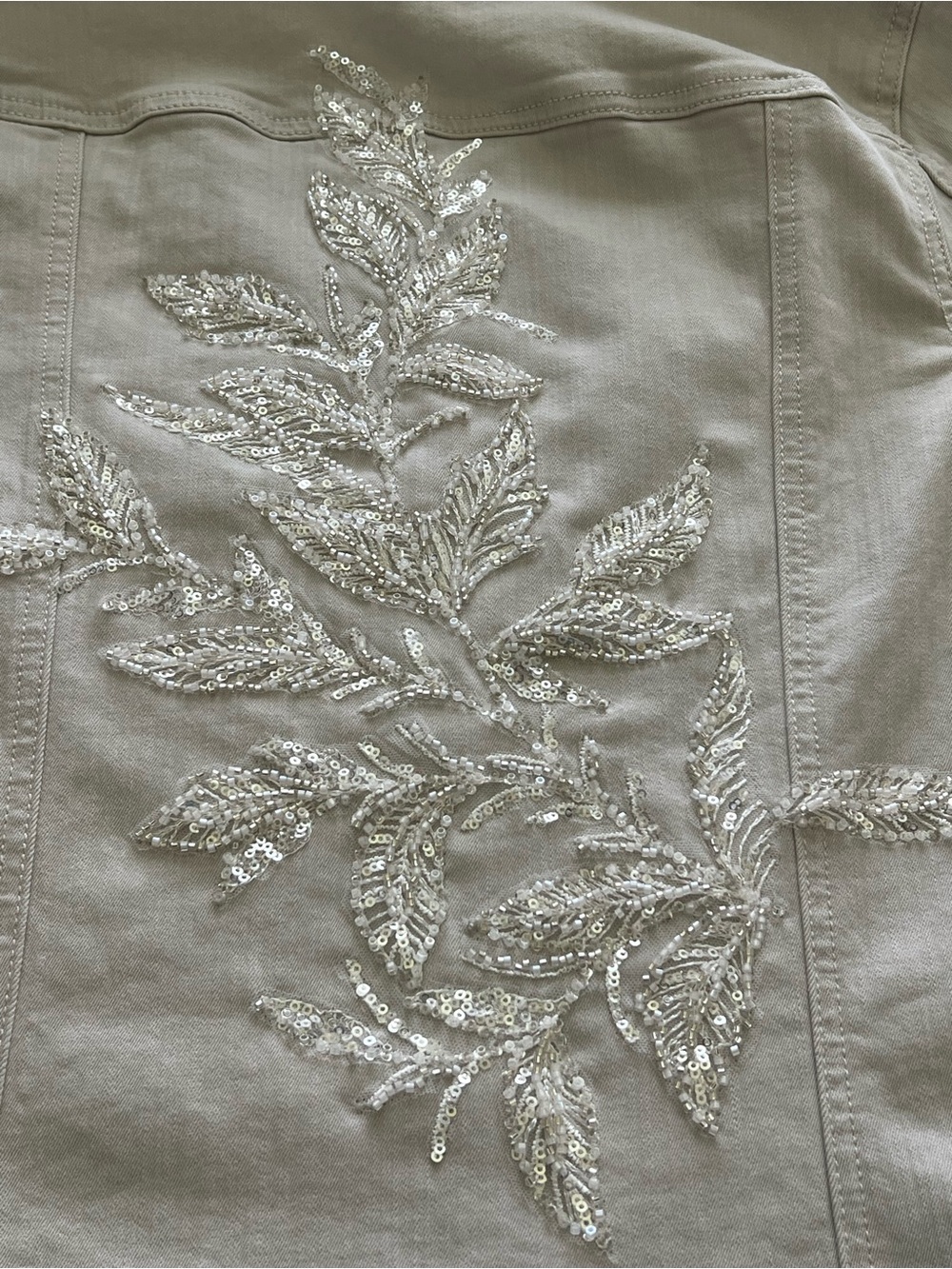 Kim Rogers Light Beige Denim Jacket with Beaded Leaf Embroidery - Picture 3 of 10